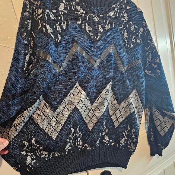 Vintage Cosby Sweater Mens Large Black 90s Geometric Academia Retro Grandpa - Picture 5 of 9